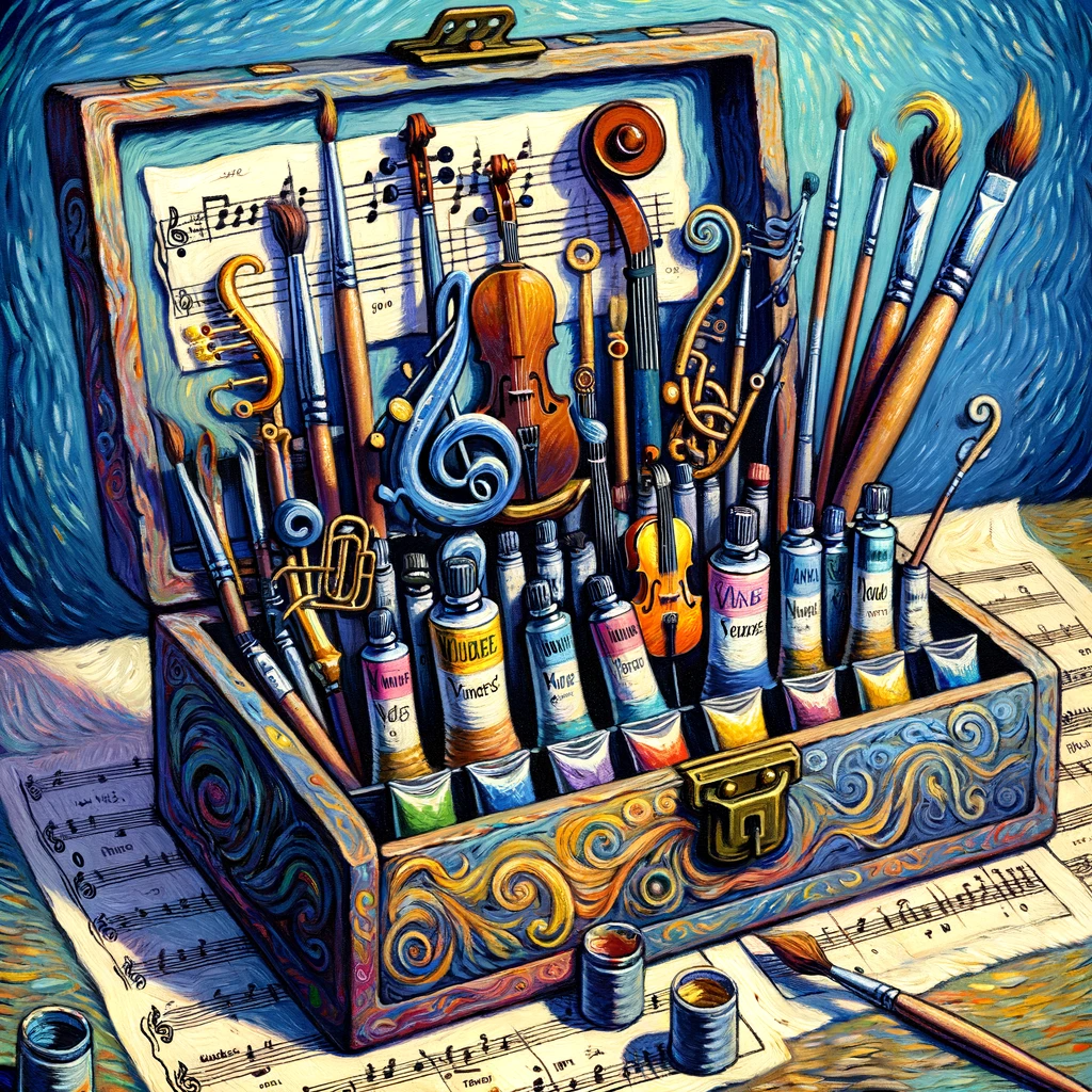 DALL·E 2024-01-12 03.17.57 - A Van Gogh-inspired painting of a music-themed paint box. The box is open, revealing various musical instruments miniaturized and cleverly arranged as